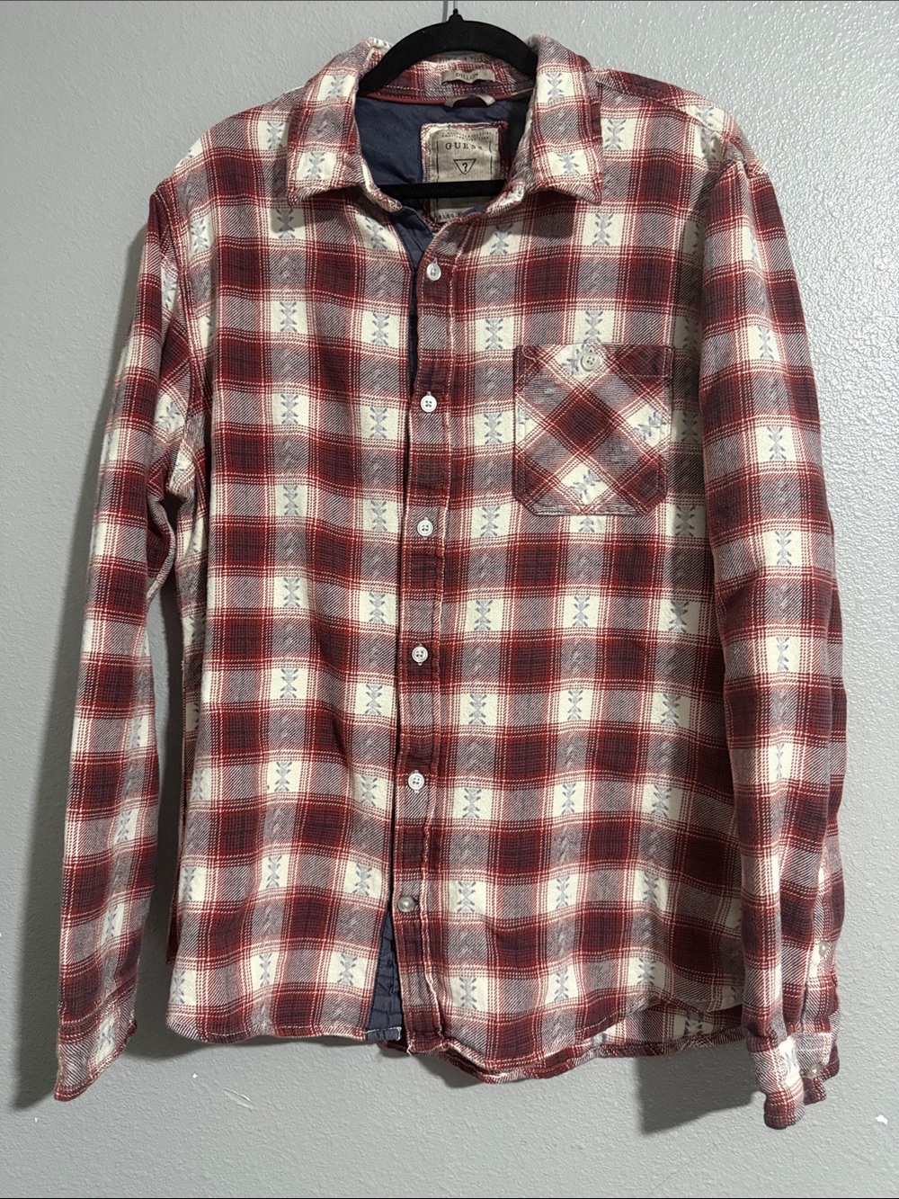 Guess Men's Red and White Plaid Long-Sleeve Button-Down Shirt
